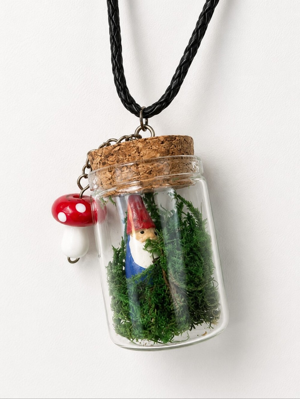 Handmade Whimsical Green Red Gnome Terrarium Bottle Necklace Sz 19.75"